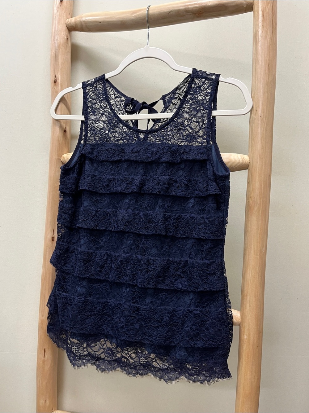 Ann Taylor Navy Small Petite Lace Tiered Camisole with Tie